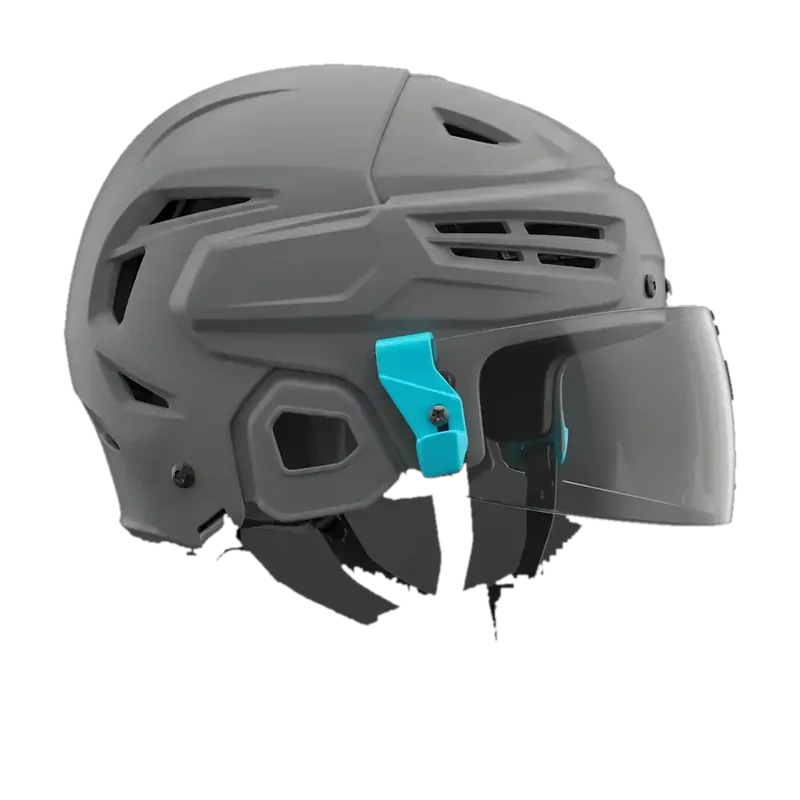 Visor Clip Set in Ice installed on hockey helmet and visor