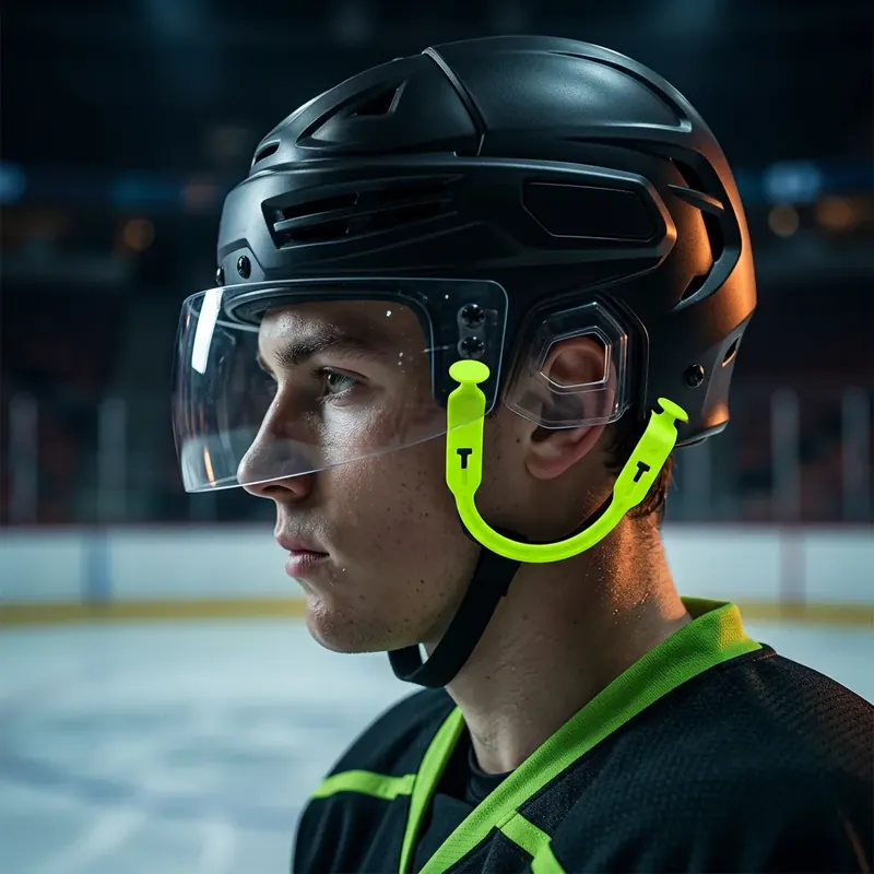 Hockey player wearing lime ear loops on a black helmet