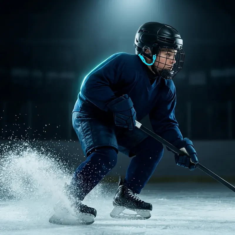 Hockey player skating with cyan helmet ear loops